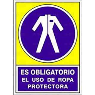 SEÑAL ADHESIVA DE OBLIGACIÓN. ROPA PROTECTORA. USO OBLIGATORIO. 105X74MM