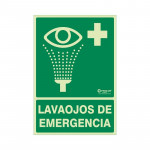SEÑAL DE LAVAOJOS DE EMERGENCIA. PLACA RÍGIDA PLÁSTICA. VERTICAL. VERDE CON GRAFISMO BLANCO. TEXTO LAVAOJOS DE EMERGENCI