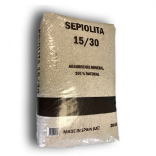 ABSORBENTE MINERAL SEPIOLITA. 100% NATURAL. GRANULOMETRÍA 15/30. SACO 20 KG. PARA ABSORCIÓN DE LÍQUIDOS. RANGO 0,6-1,25M