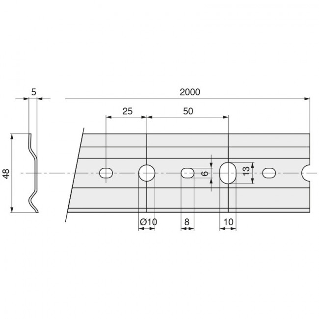 PLACA COLGADOR MUEBLE COCINA. ACERO. GALVANIZADO. LONGITUD 2000MM. PARA COLGADORES OMEGA Y LOGO. ALTURA 48MM