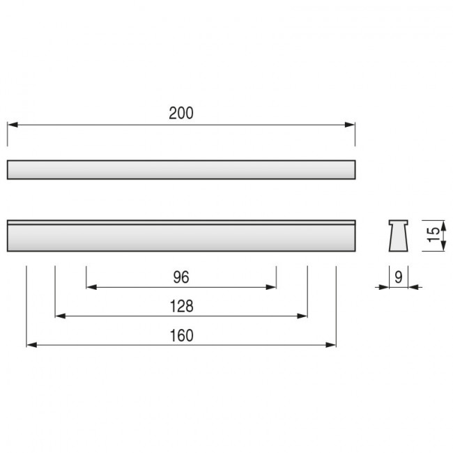 TIRADOR DE PLÁSTICO PARA MUEBLES. DISTANCIAS ENTRE AGUJEROS C96/128/160 MM. RAL9006. LARGO 200 MM TIRADOR DE PLÁSTICO PARA MUEBLES. DISTANCIAS ENTRE AGUJEROS C96/128/160 MM. RAL9006. LARGO 200 MM