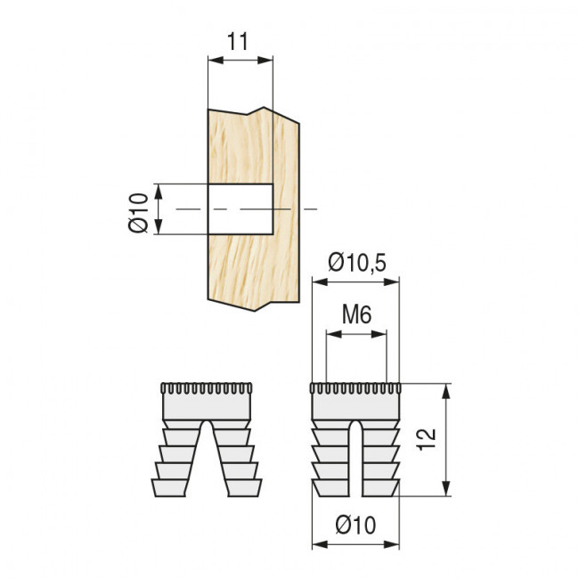 TUERCA NYLON EXPANSIBLE EN TIRAS M6 D10-12 TIRAS DE 12PZS. PARA TALADRO DE 10MM.-