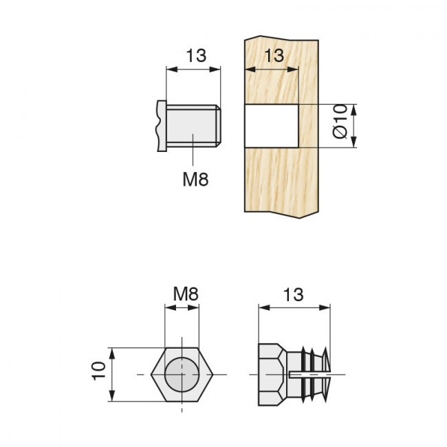 TUERCA EXPANSIBLE LATON M8-13 SIN PASTILLA  PARA TALADRO 10mm.