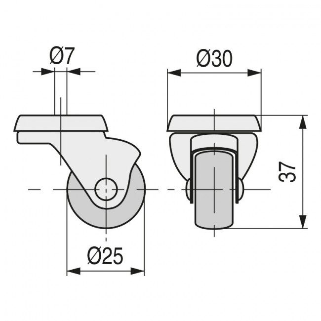 RUEDA GIRATORIA RODA A/PLAST.GRIS Ø25 TP ZINCADO