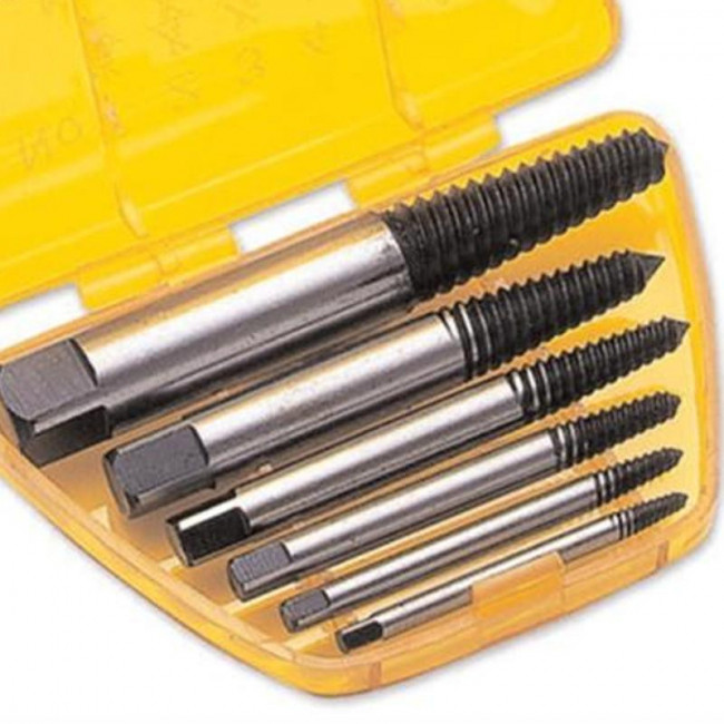 JUEGO DE EXTRACTORES DE TORNILLOS ROTOS. ACERO. 6 PIEZAS. ESTUCHE PLÁSTICO. EXTRACCIÓN