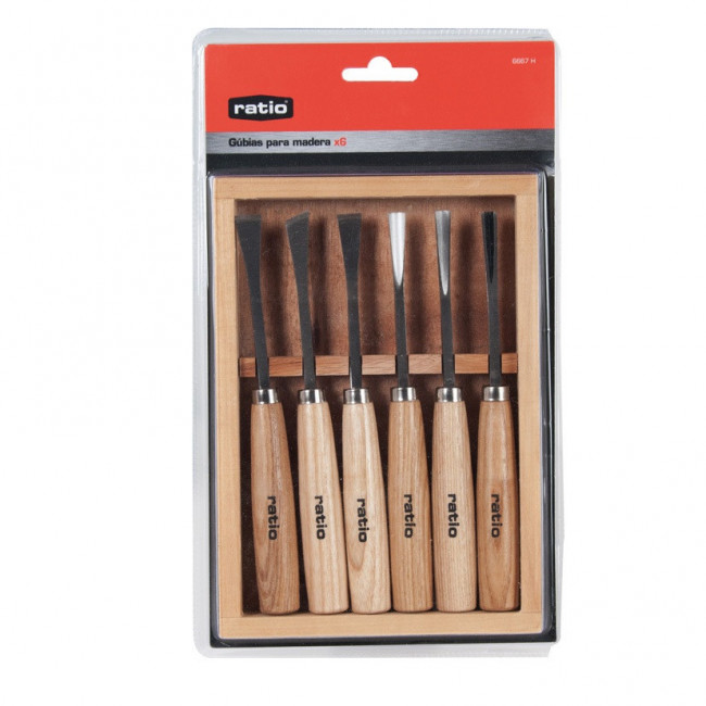 JUEGO DE 6 GUBIAS. PARA CARPINTERÍA. MADERA DE HAYA. ACERO AL CARBONO - RATIO