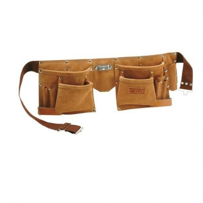 PORTAHERRAMIENTAS. CUERO Y LONA. CINTURÓN REGULABLE. HEBILLA METÁLICA. BOLSAS FRONTALES