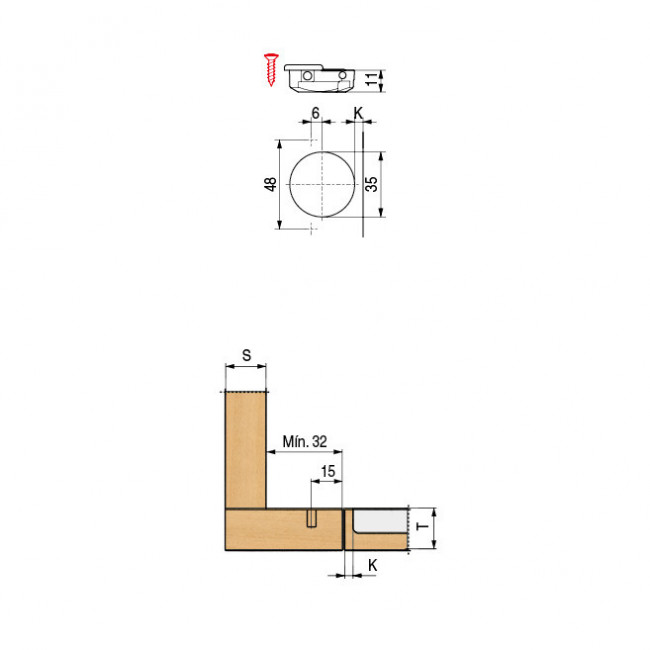 BISAGRA OCULTA S200 Ø35 94º CONTRACODO BRAZO CORTO SALICE