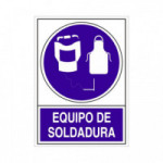 SEÑAL DE OBLIGACIÓN. RECTANGULAR. EQUIPO DE SOLDADURA. SOPORTE RÍGIDO IMPRESO. BLANCO Y MORADO. 345 X 245 MM