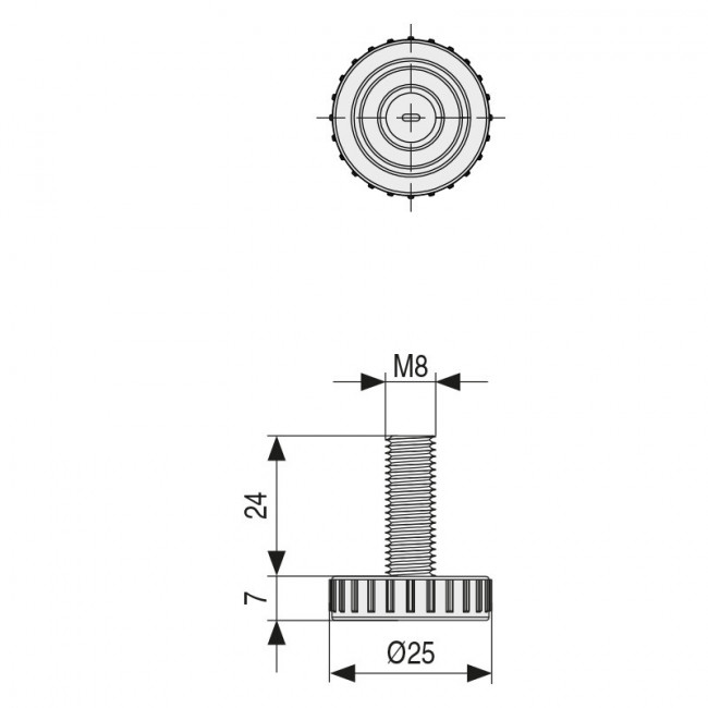 PIE NIVELADOR DAMEN Ø25 M8X24 GRIS C/HUELLA ALLEN 4mm.