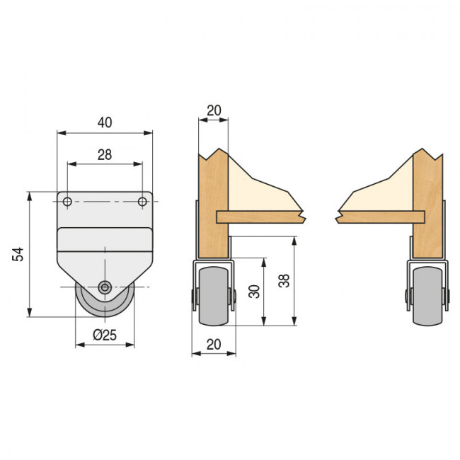 RUEDA Ø25 CAJON NIDO H30 C/SOPORTE SP20