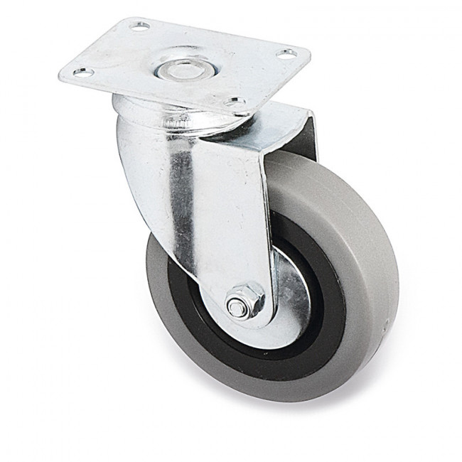 RUEDA GIRATORIA JADE PLUS. CON PLACA. ZINCADO BRILLANTE. ARO DE GOMA GRIS. ANTIHILOS. DIÁMETRO 80MM - Q&Q