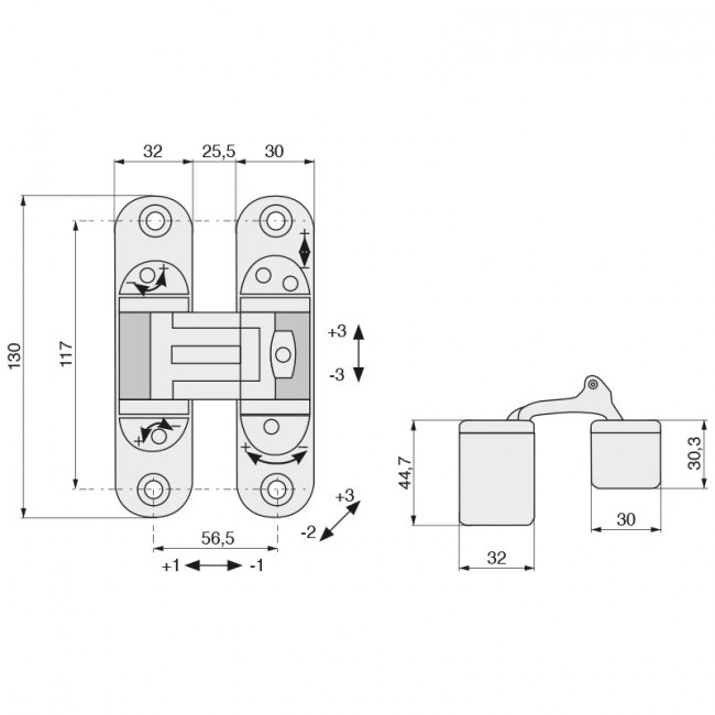 BISAGRA INVISIBLE KUBICA K6300 NIQUEL SATINADO  REGULACION 3D. 60Kg/3BIS. 130X88mm.