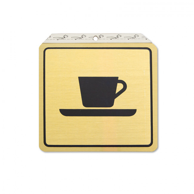 PLACA SEÑALIZADORA DE TAZA. ALUMINIO. DORADO. CUADRADA. 120 X 120 MM