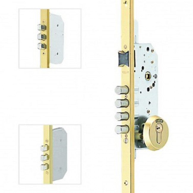 CERRADURA DE SEGURIDAD MULTIPUNTO. 3 BULONES. ACERO NIQUELADO. DORADO. DIÁMETRO 14MM - TESA