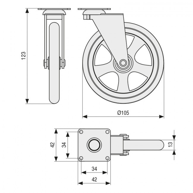 RUEDA GIRATORIA CAMARENA ARO DE GOMA d105 PLÁSTICO BRONCE MAX.30KG. PLACA 50X50. H123.
