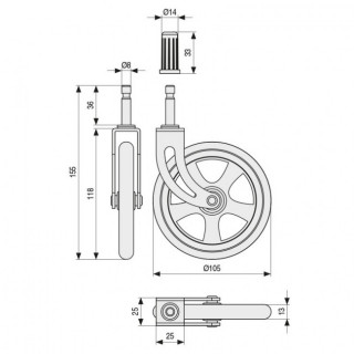 RUEDA GIRATORIA CAMARENA ARO DE GOMA d105 EC BRONCE MAX.30KG. CON FIJACION ESPIGA. H123. 2