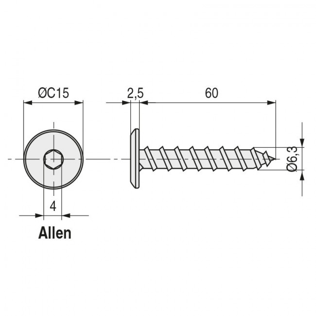 TORNILLO CABEZA PLANA ALLEN TEGAS 6,3X60 CABEZA PLANA NIQUELADO diam.cabeza 15mm, p/llave allen 4mm