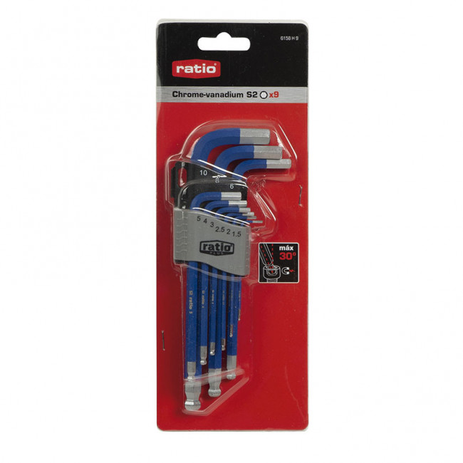 JUEGO DE LLAVES ALLEN ACODADAS. ACERO CHROME-VANADIUM S2. 9 PIEZAS. 1,5 MM A 10 MM - RATIO