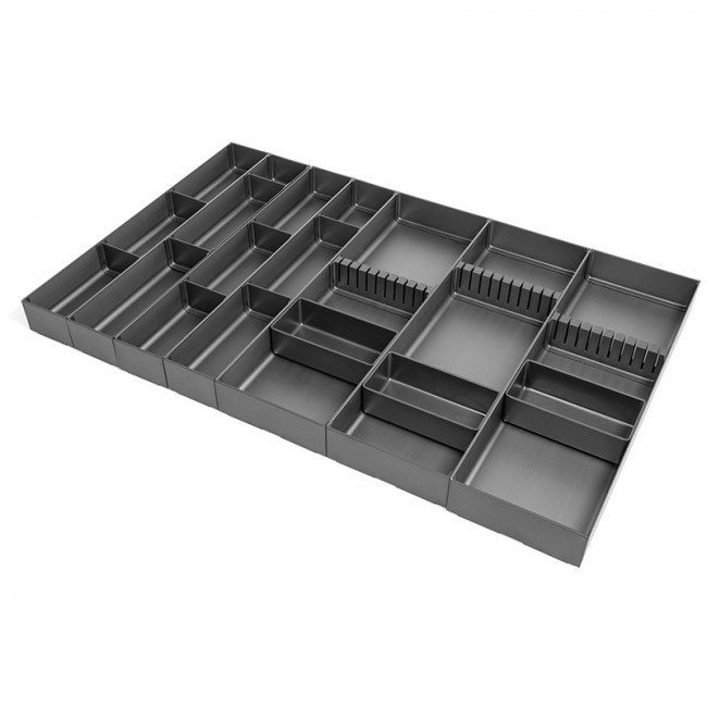 CUBERTERO MODULAR DE ALUMINIO. ANTRACITA. PARA CAJÓN. ANCHO MÁXIMO 150-750MM. COMBINABLE EN KITS. FONDO MÁXIMO 471MM