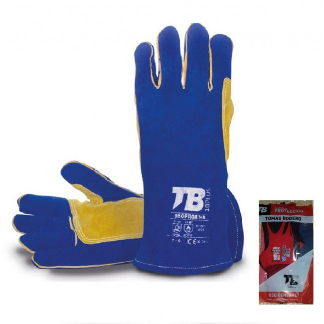 GUANTE SOLDADOR MIG. CUERO SERRAJE. PUÑO LARGO. CINCO DEDOS. TALLA 9. COLOR AZUL. LONGITUD 40 CM - TOMAS BODERO