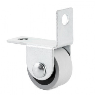 RUEDA FIJA CON ARO DE GOMA GRIS. DIÁMETRO 25 MM. ALTURA 28 MM. CON SOPORTE ESCUADRA. DE ACERO ZINCADO. MODELO KETY-S