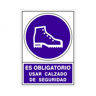 SEÑAL DE OBLIGACIÓN ADHESIVA. CALZADO DE SEGURIDAD. RECTANGULAR. BLANCO Y MORADO. 105 X 74 MM