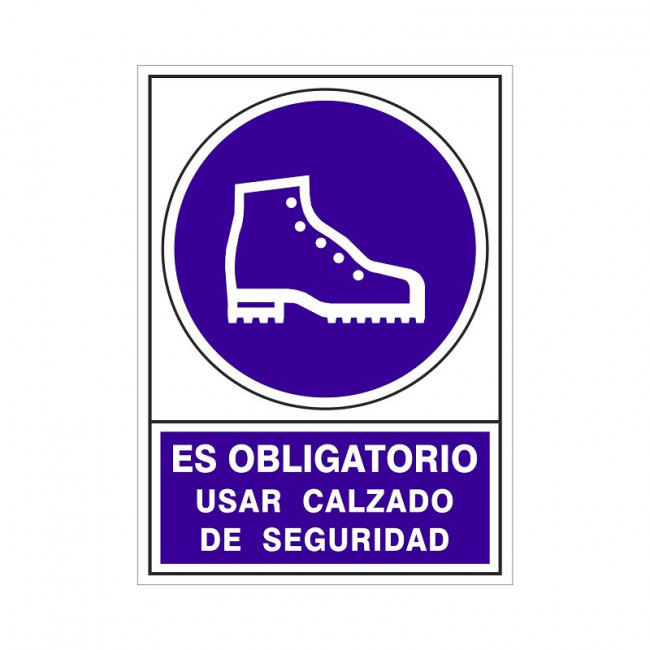 SEÑAL DE OBLIGACIÓN ADHESIVA. CALZADO DE SEGURIDAD. RECTANGULAR. BLANCO Y MORADO. 105 X 74 MM
