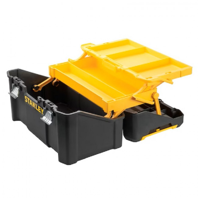 CAJA CANTILEVER ESSENTIAL. PLÁSTICO RÍGIDO. BANDEJA BASCULANTE. NEGRO CON TAPA AMARILLA. DOS BROCHES METÁLICOS - STANLEY