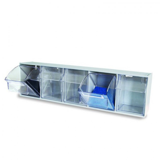 MÓDULO ORGANIZADOR DE TORNILLERÍA. PLÁSTICO. GRIS METÁLICO. FRONTAL TRANSPARENTE. 5 CAJONES ABATIBLES