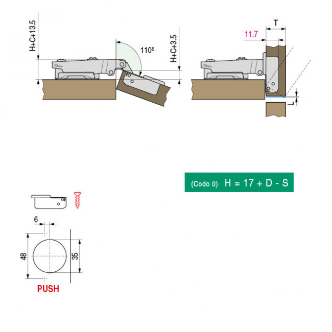 BISAGRA PARA MUEBLES. TIGRA. SISTEMA PUSH. SLIDE-ON