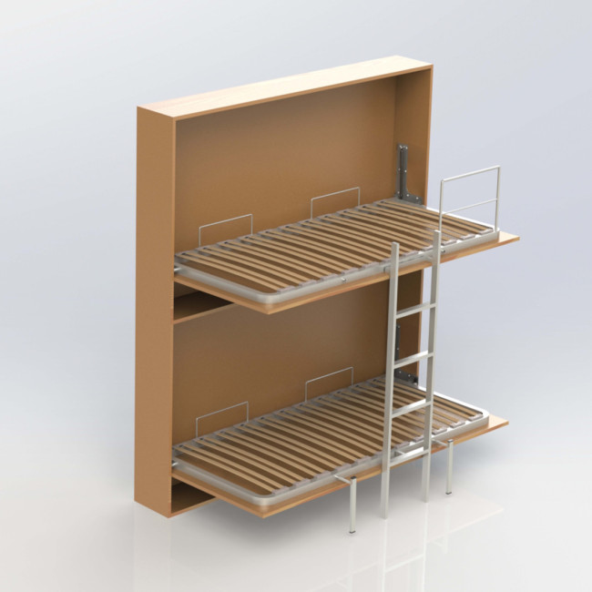 LITERA ABATIBLE HORIZONTAL DE 2 CAMAS DE 90X190 CM. SOMIER EN GRIS. 2 SOMIERES, ESCALERA Y BARANDILLA FIJA