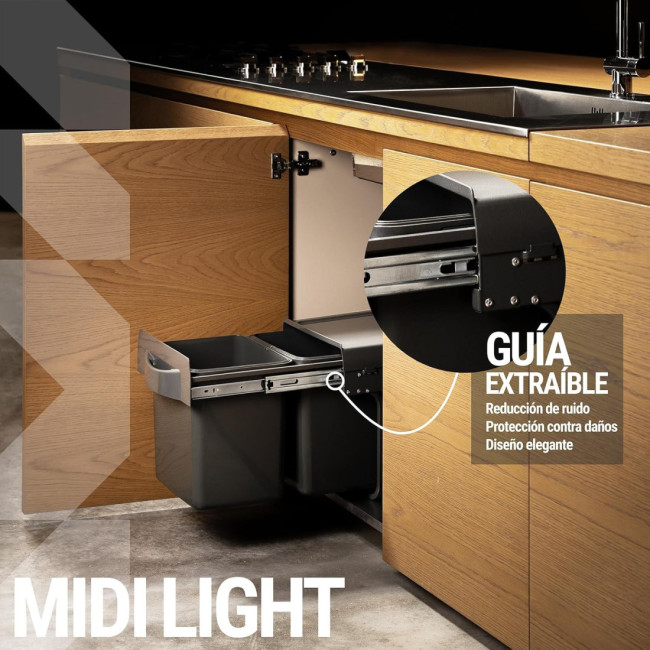 CUBO DE BASURA EXTRAIBLE PARA RECICLAR. 2 CUBOS DE 16 LITROS. MODELO MIDI LIGHT. ANTRACITA. CON TIRADOR. H350.