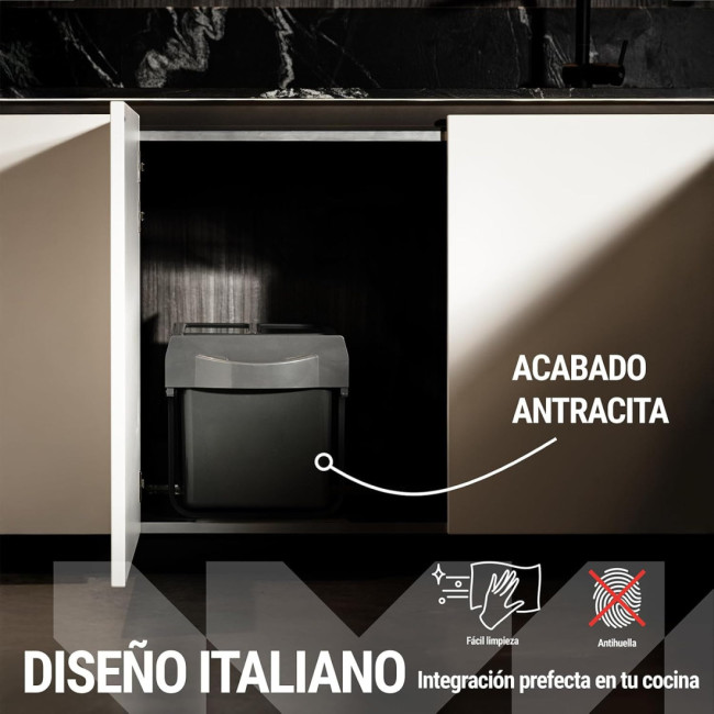 CUBO DE BASURA EXTRAIBLE 2X16 LITROS. MODELO MIDI LIGHT. ANTRACITA. CON TIRADOR. H350. CUBO DE BASURA EXTRAIBLE 2X16 LITROS. MODELO MIDI LIGHT. ANTRACITA. CON TIRADOR. H350.