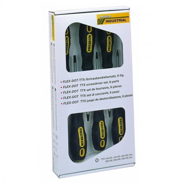 JUEGO DE DESTORNILLADORES TORX TTX INDUSTRIAL. ACERO. BI-COMPONENTE ANTIDESLIZANTE. 6 PIEZAS. CAJA DE CARTÓN EXPOSITORA.