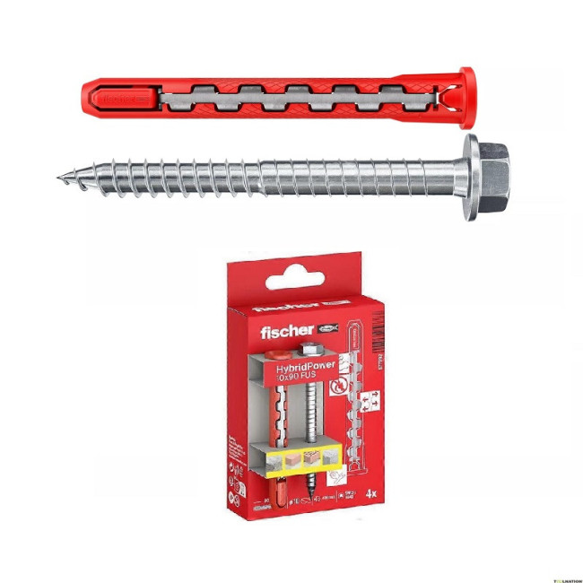 TACO DE NYLON HYBRIDPOWER. HÍBRIDO. MACIZOS Y HUECOS. 10X90. TORNILLO ZINCADO. 4 UNIDADES - FISCHER