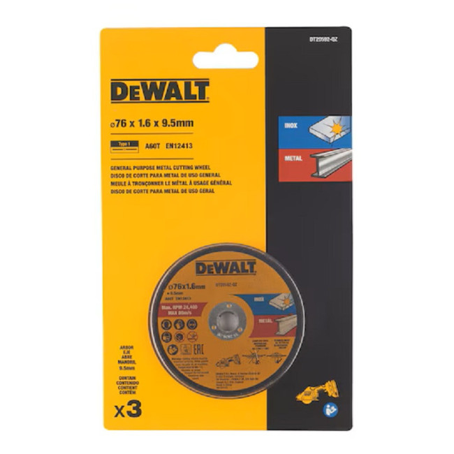 PACK 3 DISCOS DE CORTE PARA METAL E INOX 76X1,6 MM - DEWALT