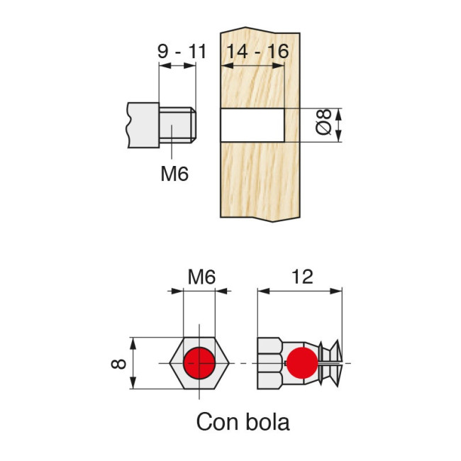 TUERCA EXPANSIBLE. LATÓN. BOLA INTERIOR. ROSCA M6. DIÁMETRO 8MM