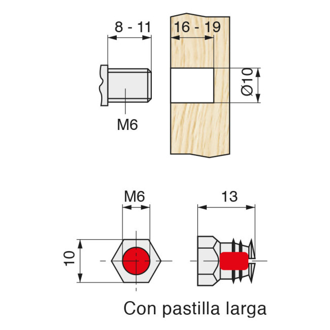 TUERCA EXPANSIBLE LATON M6-13 C/BOLA  PARA TALADRO DIAMETRO 10mm.