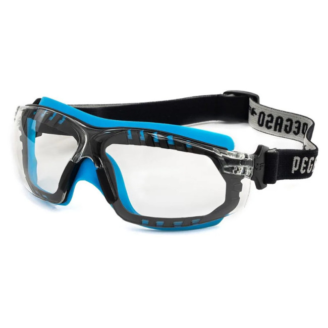 GAFA DE PROTECCIÓN OCULAR ANTIMPACTO 205.05. LENTE DE POLICARBONATO. BANDA ELÁSTICA REGULABLE. BICOLOR NEGRO Y AZUL. TAL