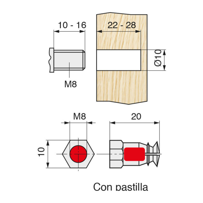 TUERCA EXPANSIBLE LATON M8-20 CON PASTILLA  PARA TALADRO 10mm.