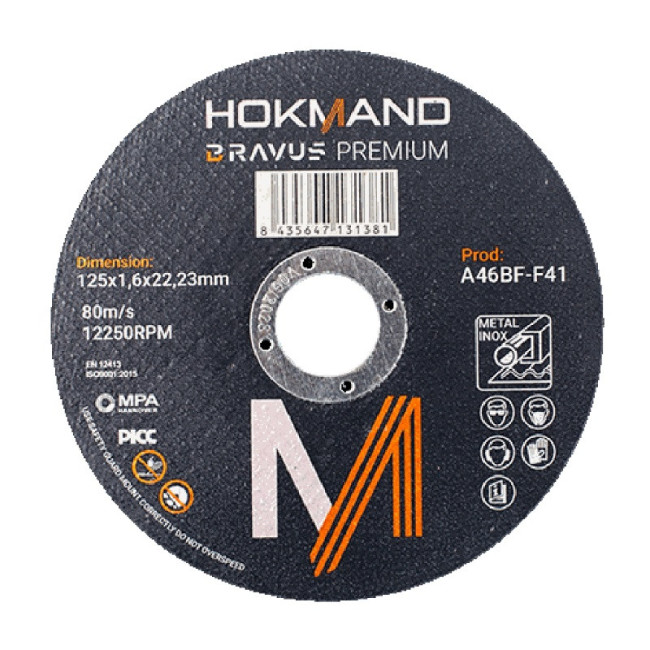 DISCO CORTAR INOXIDABLE HOKMAND 125x1,6x22 BRAVUS PREMIUM