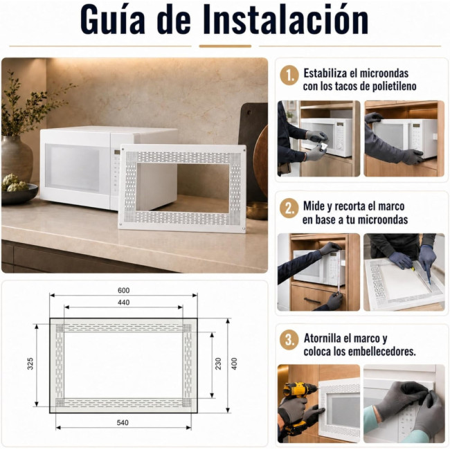 MARCO PARA MUEBLE DE MICROONDAS. ABS. BLANCO. MONTAJE ATORNILLADO