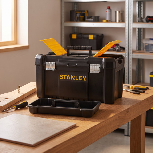CAJA DE . PLÁSTICO. NEGRO Y AMARILLO. CIERRES METÁLICOS. 19 PULGADAS - STANLEY