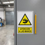 SEÑAL 397 ADHESIVA 105X74 ''ATENC.MANOS'' ­ATENCION! A LAS MANOS