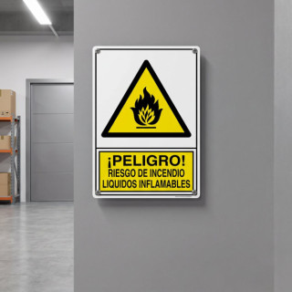 SEÑAL 346 PLAST.295X210 PELIGRO! RIESGO INCENDIO LIQ.INFLAMABLE 2