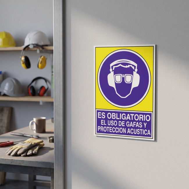 SEÑAL 624 ADHES.148X105''OB.GAFA/P.ACUST'' ES OBLIGATORIO USO GAFAS Y PROT.ACUSTICA