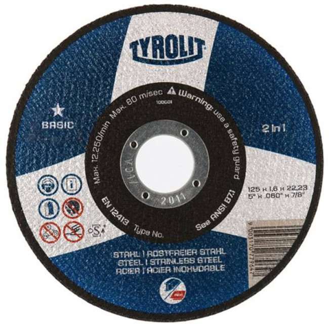 DISCO DE CORTE Y DESBASTE PARA ACERO E INOXIDABLE 125 X 1,6 X 22,23 MM - TYROLIT