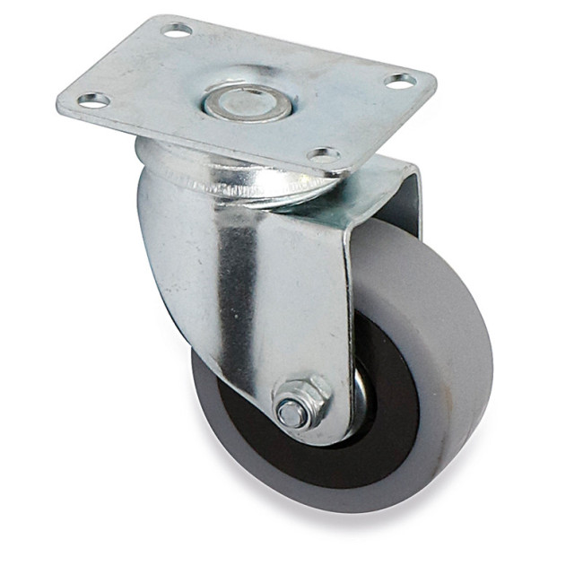 RUEDA GIRATORIA JADE PLUS. CON PLACA. GOMA GRIS. ZINCADO BRILLANTE. ANTIHILOS. DIÁMETRO 60MM - Q&Q