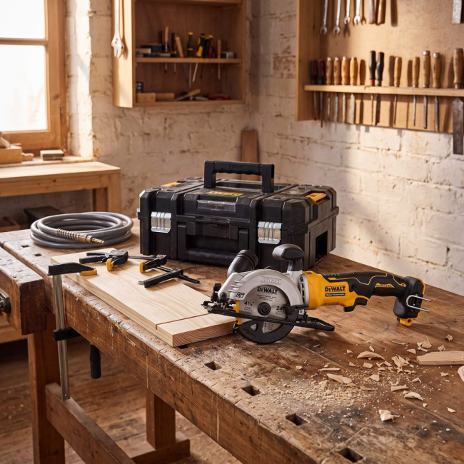 SIERRA CIRCULAR XR 18V. BATERÍA. DE MADERA. COLOR NEGRO Y AMARILLO. AIRLOCK. RAÍL GUÍA - DEWALT LONGITUD HOJA 115MM